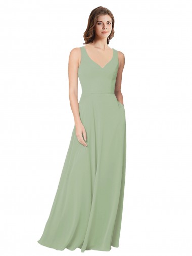Vert fumée Trapèze Mousseline Longue Robes demoiselle d'honneur Pas Chre