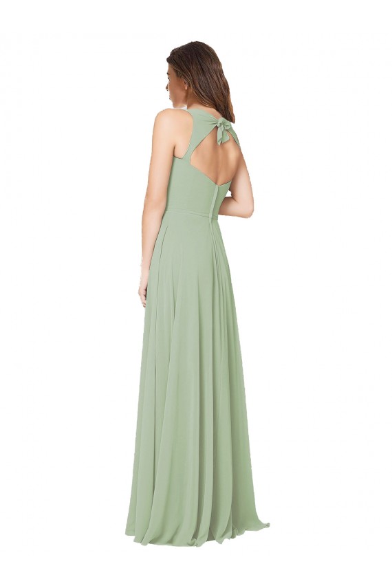 Vert fumée Trapèze Mousseline Longue Robes demoiselle d'honneur Pas Chère