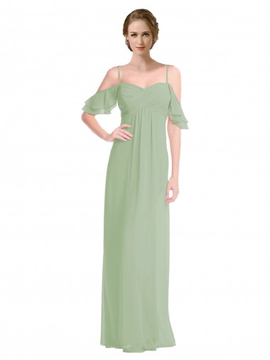 Vert fumée Trapèze Épaule Dénudée Bretelles spaghetti Mousseline Longue Robes demoiselle d'honneur Pas Chre