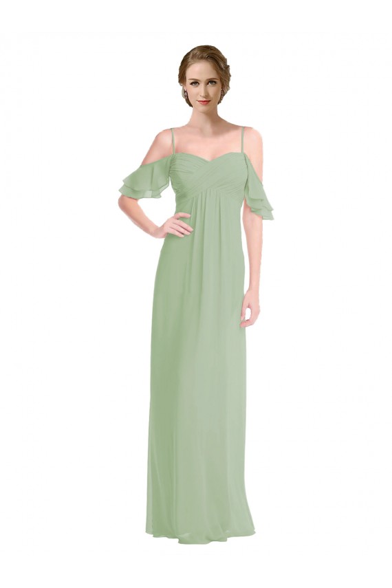 Vert fumée Trapèze Épaule Dénudée Bretelles spaghetti Mousseline Longue Robes demoiselle d'honneur Pas Chère