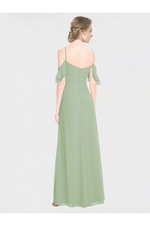 Vert fumée Trapèze Épaule Dénudée Bretelles spaghetti Mousseline Longue Robes demoiselle d'honneur Pas Chère