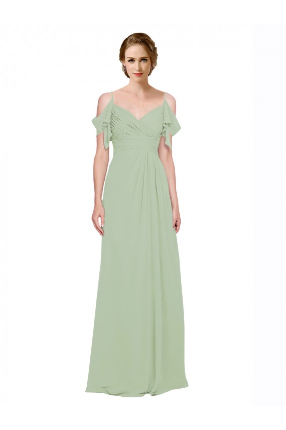 Vert fumée Trapèze Épaule Dénudée Bretelles spaghetti Mousseline Longue Robes demoiselle d'honneur Pas Chère