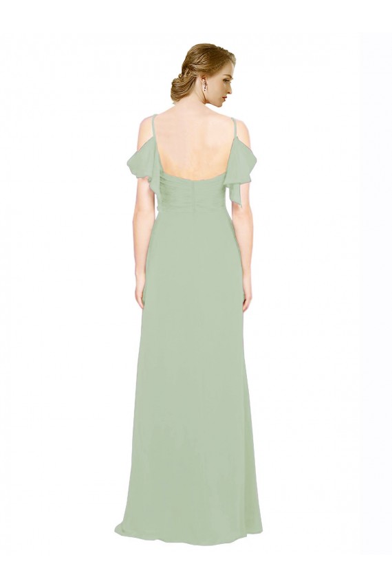 Vert fumée Trapèze Épaule Dénudée Bretelles spaghetti Mousseline Longue Robes demoiselle d'honneur Pas Chère
