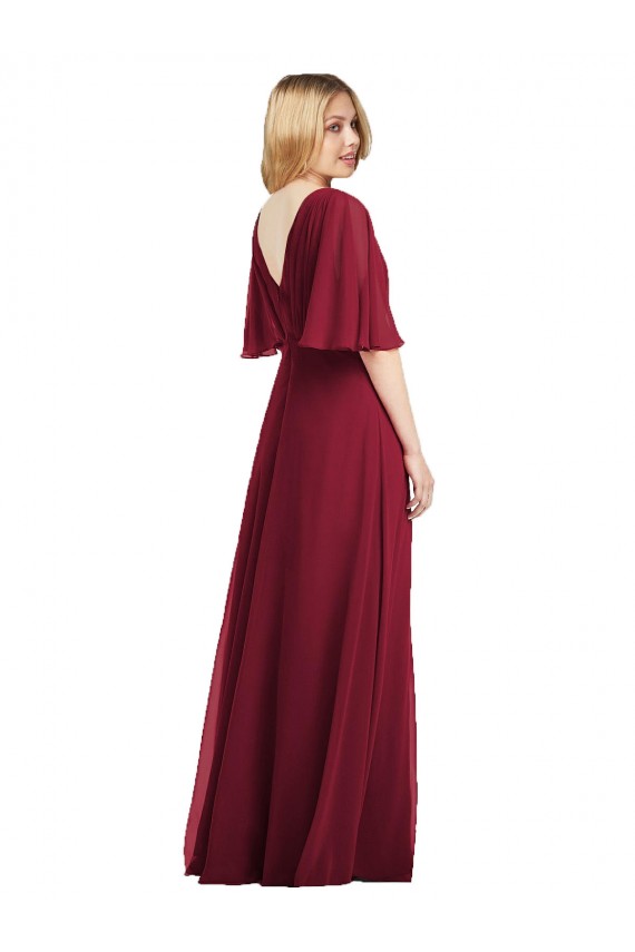 Vert fumée Trompette Col V Mousseline Longue Robes demoiselle d'honneur Pas Chère