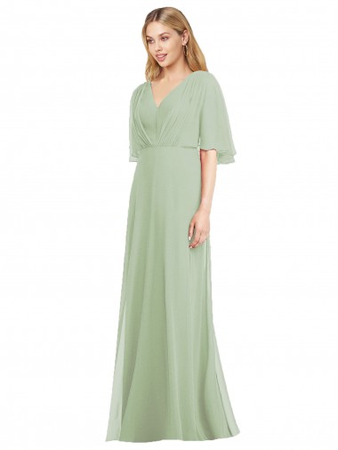 Vert fumée Trompette Col V Mousseline Longue Robes demoiselle d'honneur Pas Chre