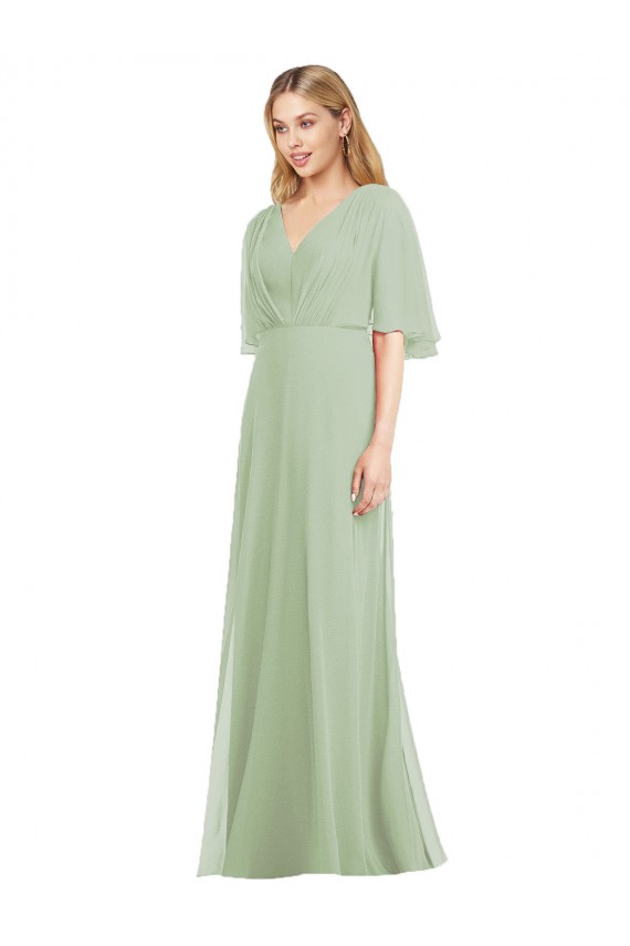 Vert fumée Trompette Col V Mousseline Longue Robes demoiselle d'honneur Pas Chère