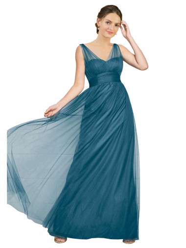 Vert sarcelle Trapèze Col V Tulle Longue Robes demoiselle d'honneur Pas Chre