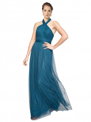 Vert sarcelle Trapèze Licou Col Haut Tulle Longue Robes demoiselle d'honneur Pas Chre