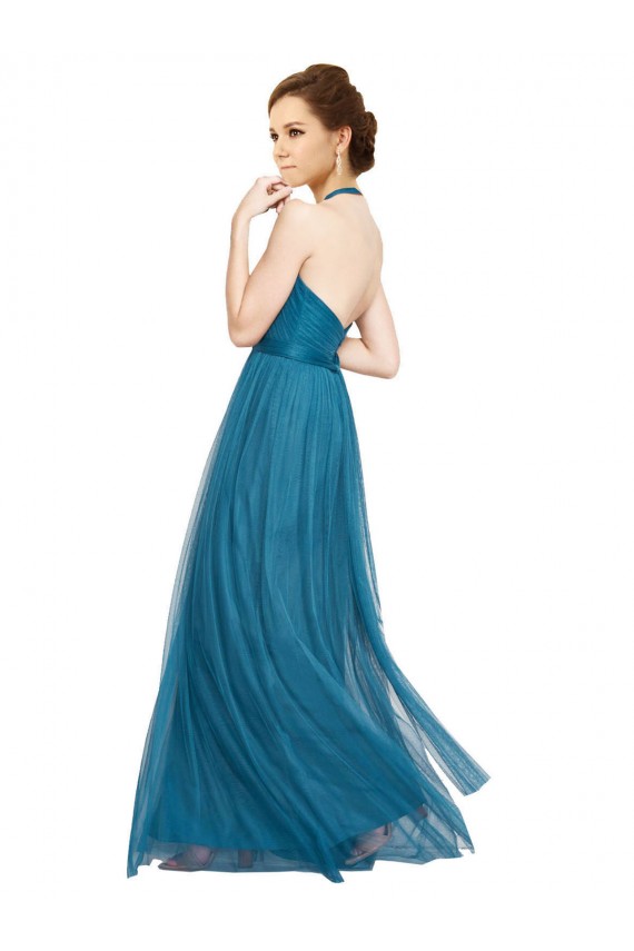 Vert sarcelle Trapèze Licou Col Haut Tulle Longue Robes demoiselle d'honneur Pas Chère