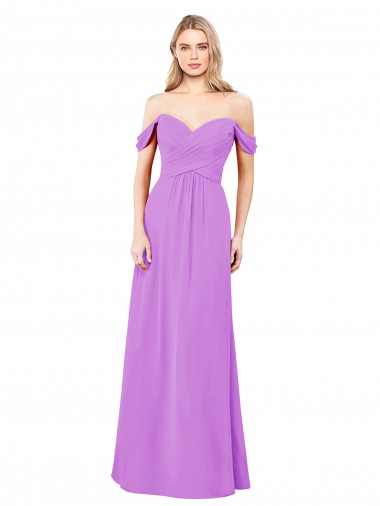 Violet Trapèze Épaule Dénudée Mousseline Longue Robes demoiselle d'honneur Pas Chre