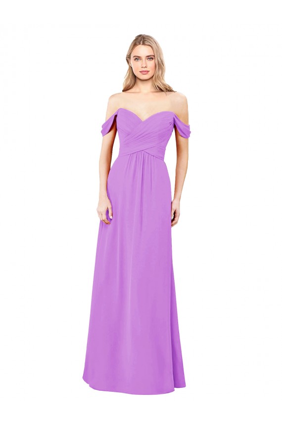 Violet Trapèze Épaule Dénudée Mousseline Longue Robes demoiselle d'honneur Pas Chère